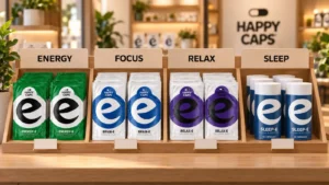 Happy Caps Thekendisplay, gegliedert in die Kategorien Energy, Focus, Relax und Sleep, mit Regalbeschilderung