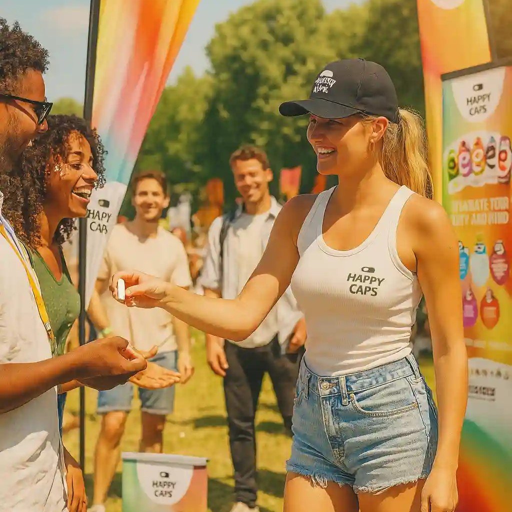 Lisa on a festival handing out festival capsules in the campagne say no to drugs