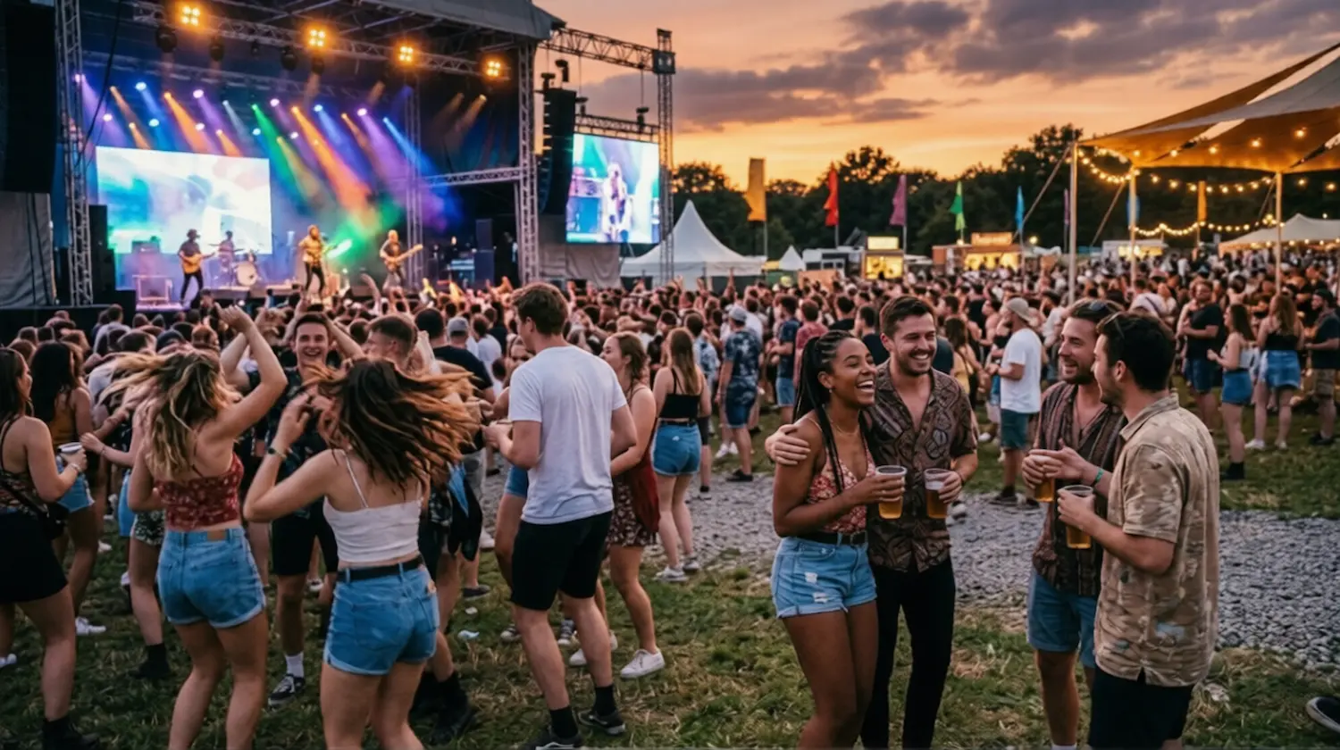 Festival friends sitting on the grass and socialising, support image for best legal party pills for festivals