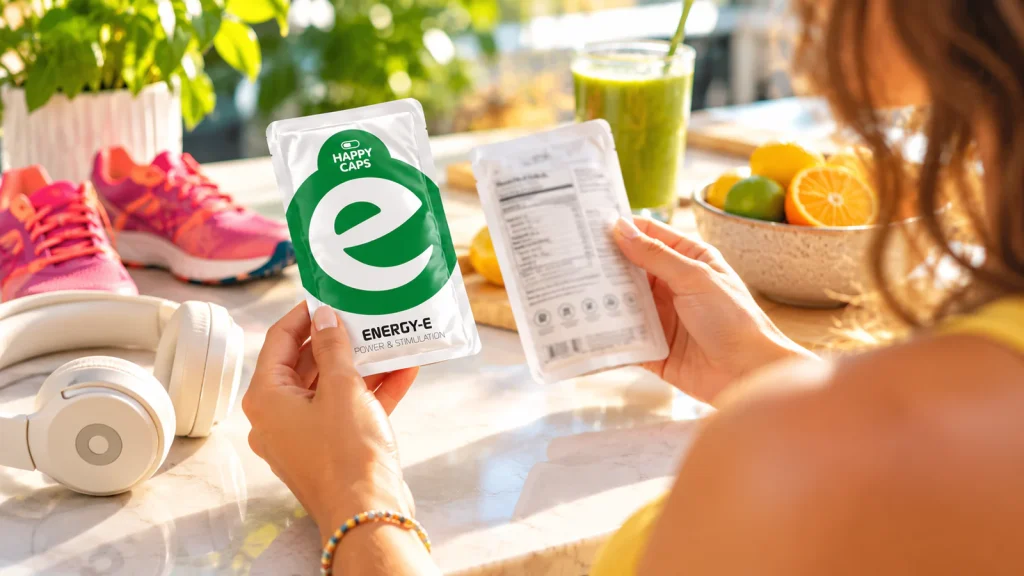 Handen controleren het etiket van Happy Caps Energy-E op beta-alanine en andere ingrediënten