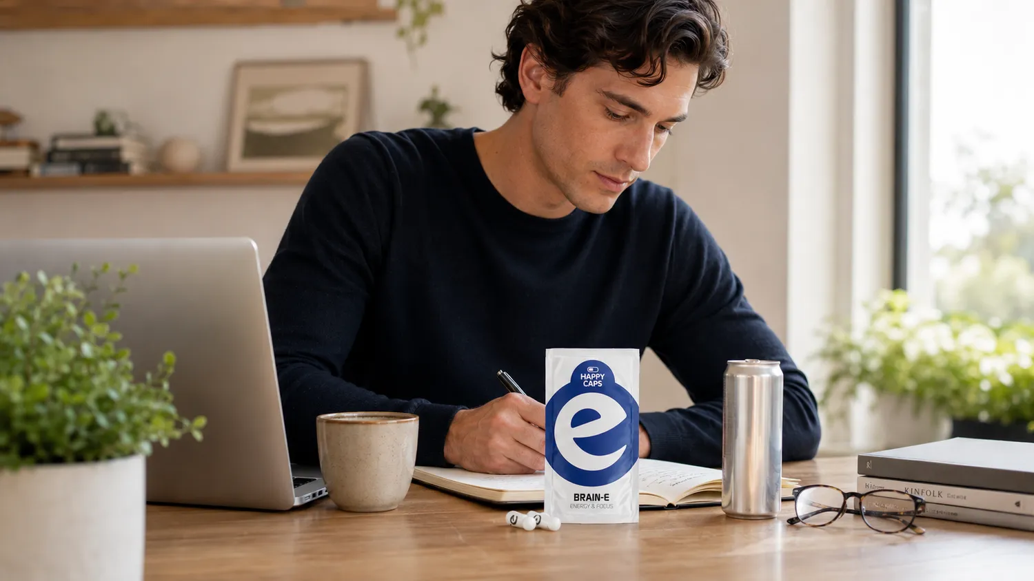 Brain-E natural energy capsules for focus and mental clarity at a work desk