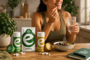 Woman starting a daily wellness routine with Happy Caps Multi Vitamin, Energy-E and Mushroom Mix capsules