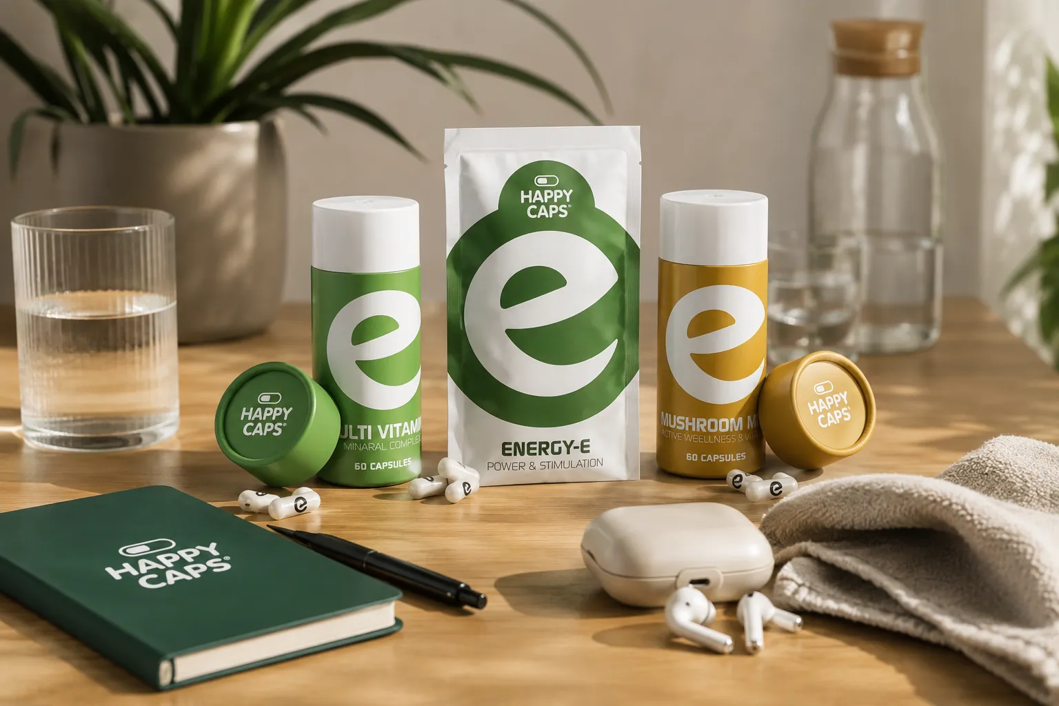 Happy Caps daily wellness capsules range with Multi Vitamin, Energy-E and Mushroom Mix on a wooden desk