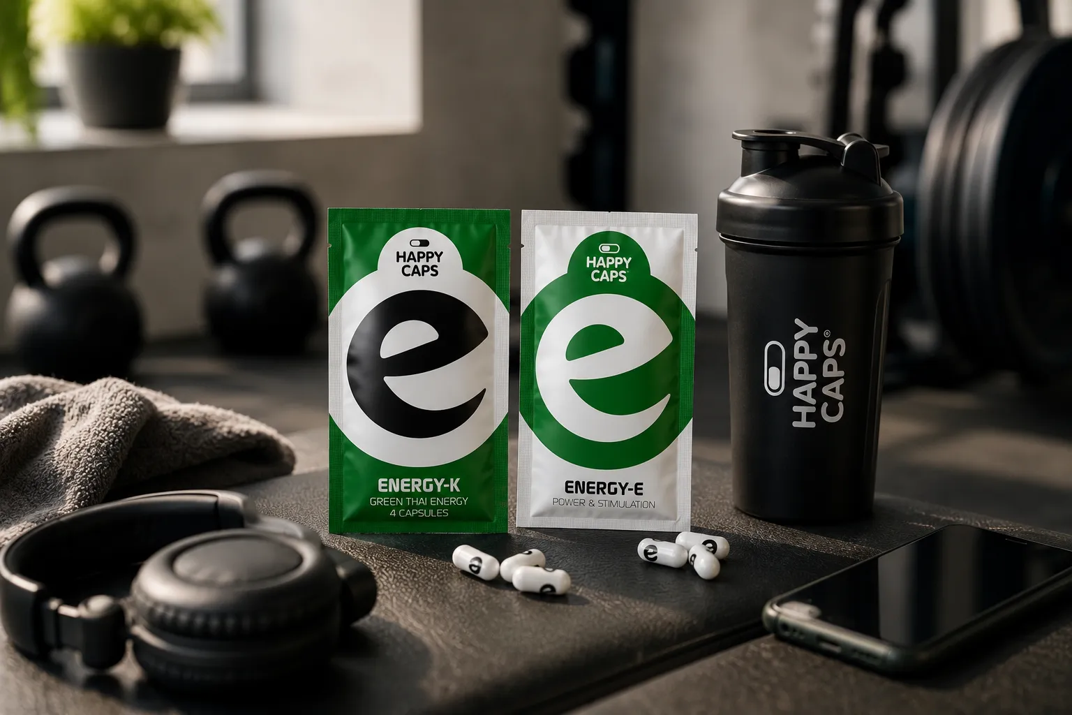 Happy Caps Energy-K and Energy-E capsules in a gym setting