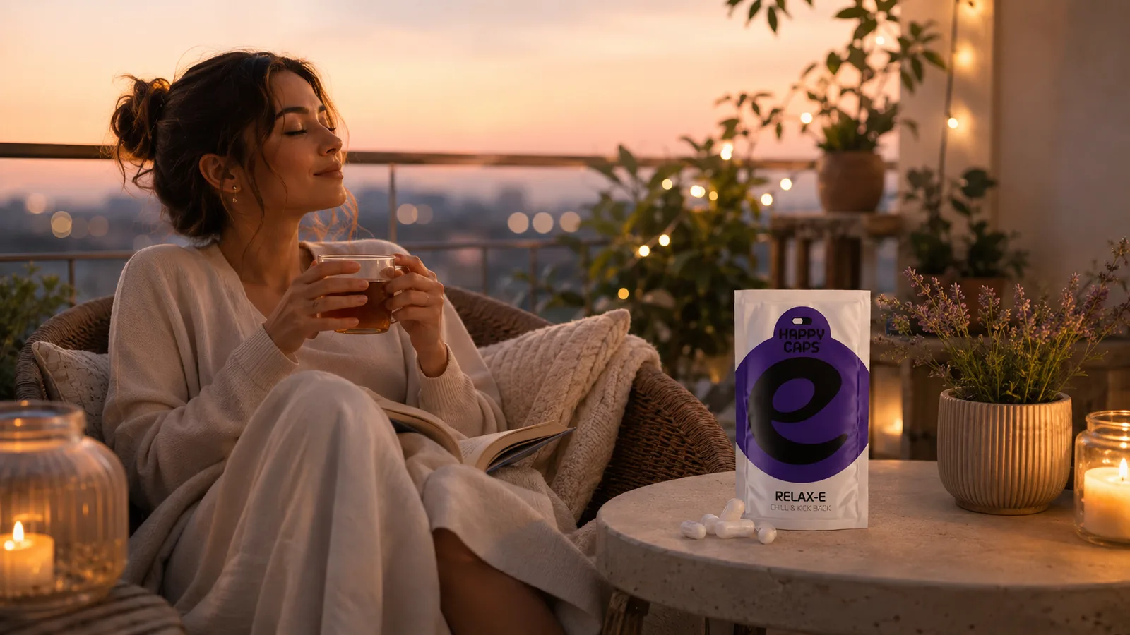 Woman relaxing on a balcony at sunset with Happy Caps Relax-E capsules for evening calm
