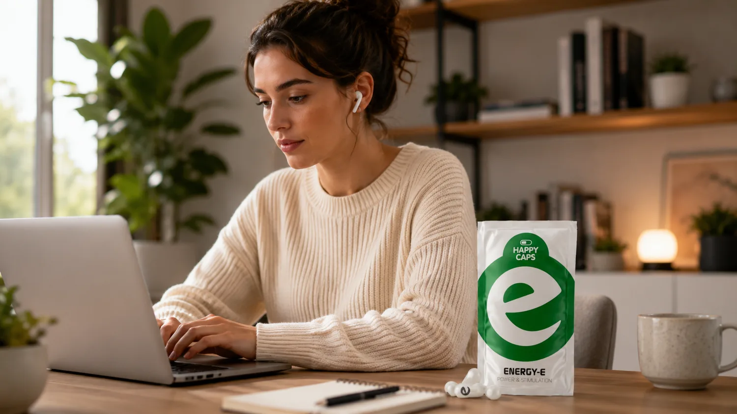 Calm work and study scene paired with Brain-E focus capsules