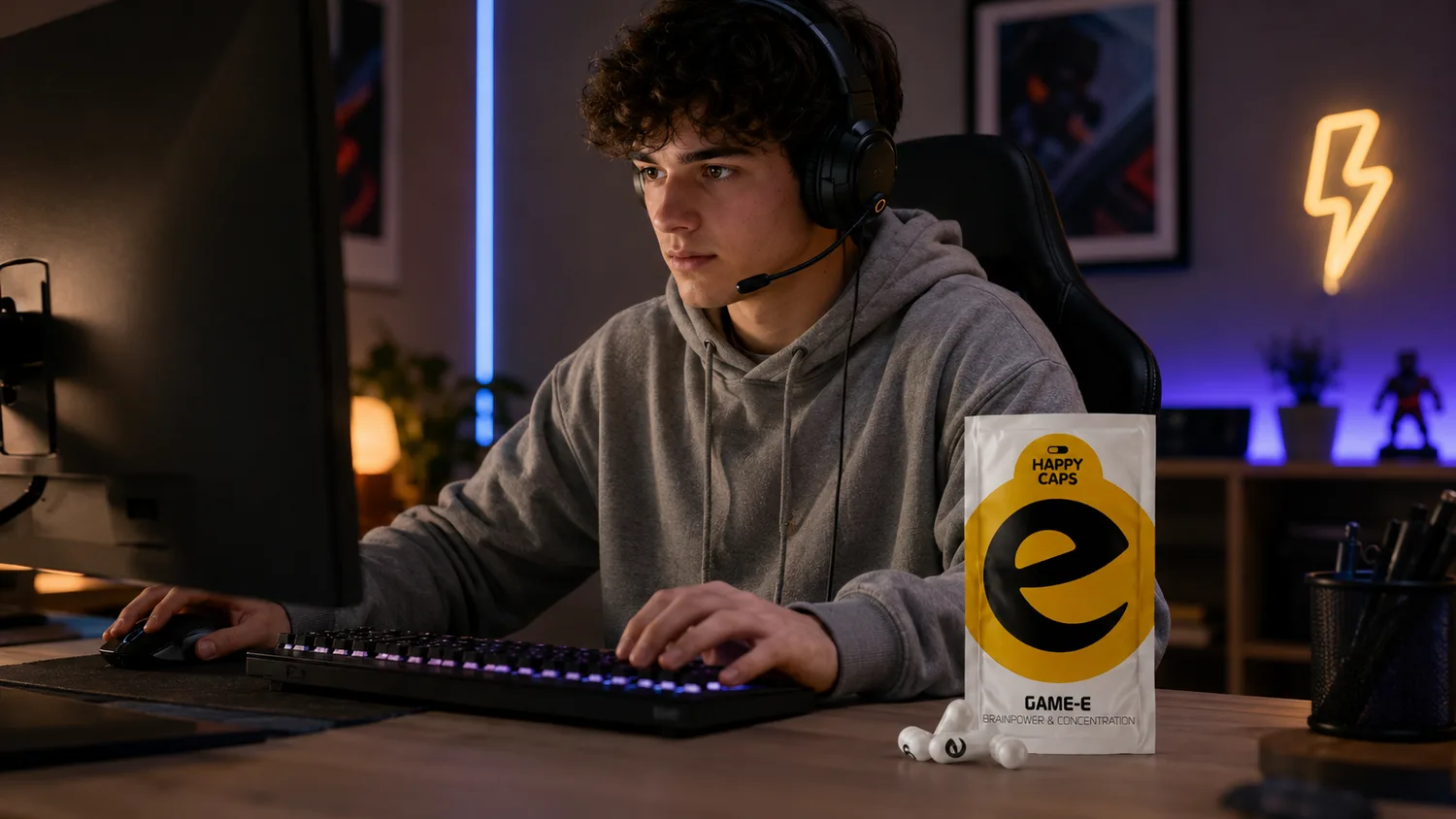 Active gaming and stamina scene with Game-E and Energy-E focus capsules