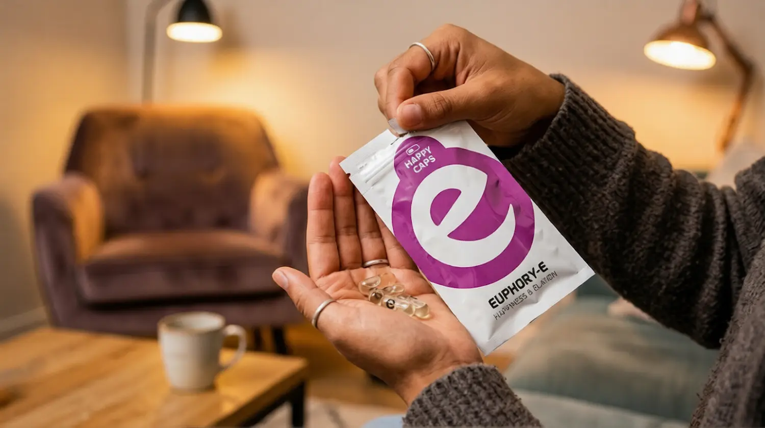 person checking what’s inside a happy caps blend on Happy Caps packaging