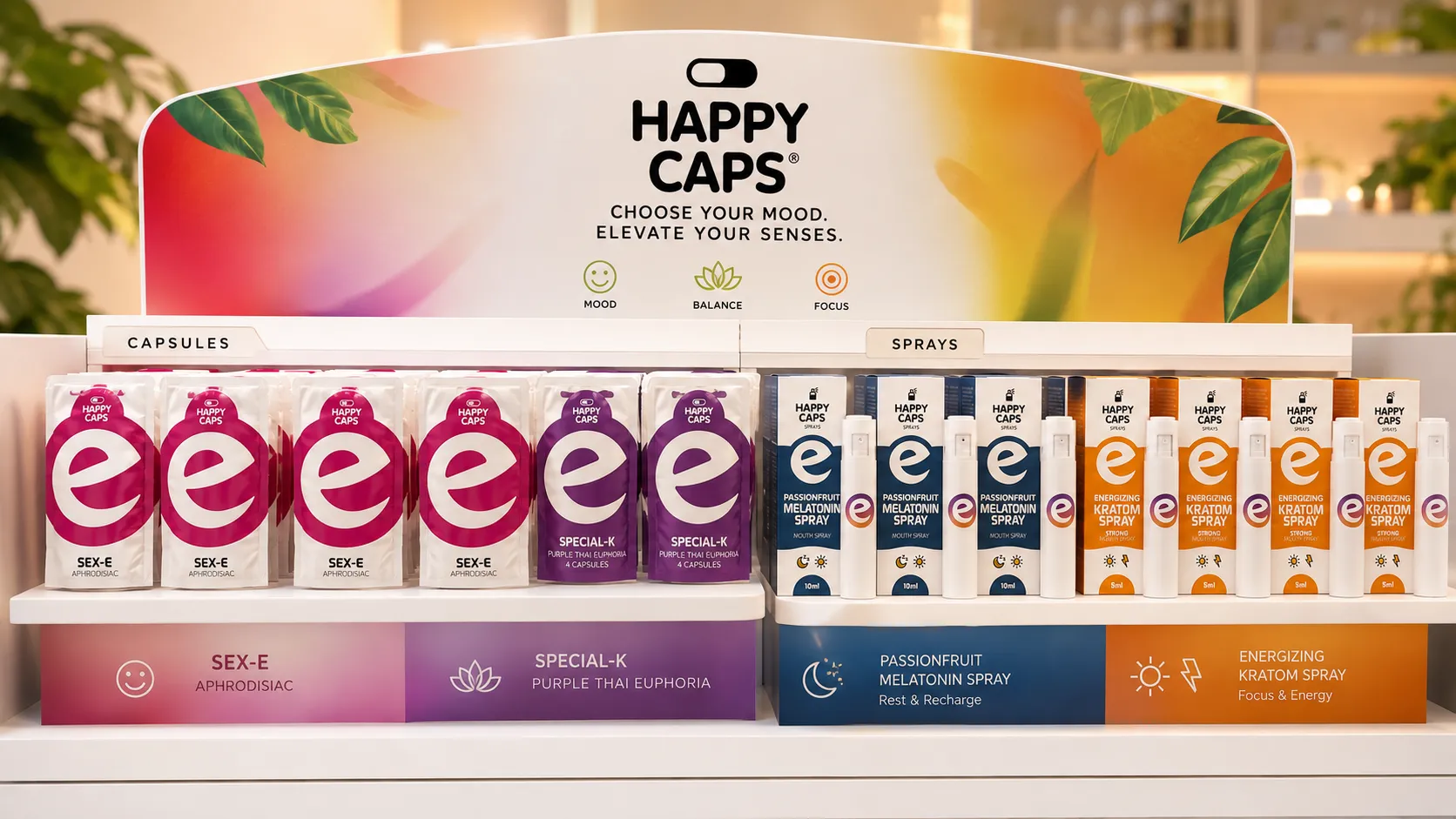 Happy Caps capsules and sprays retail display for a smartshop product range