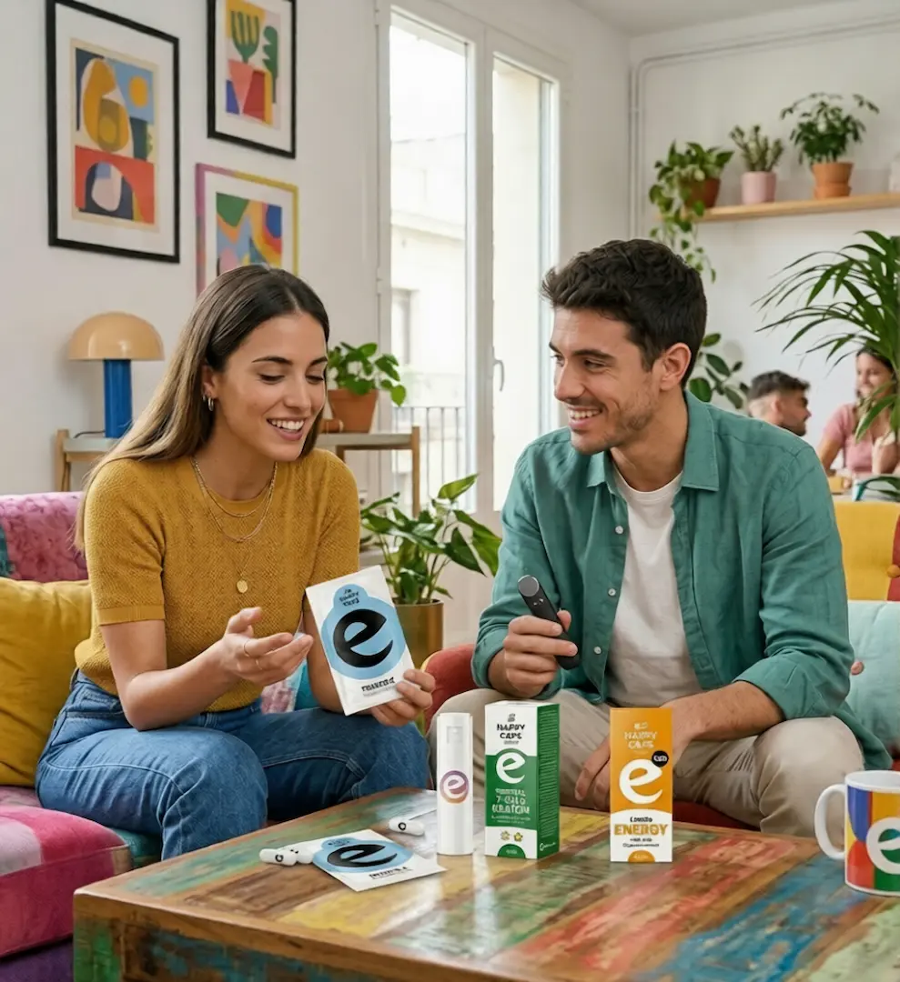 Happy Caps capsules, spray and vape formats shown in a fun lifestyle comparison scene
