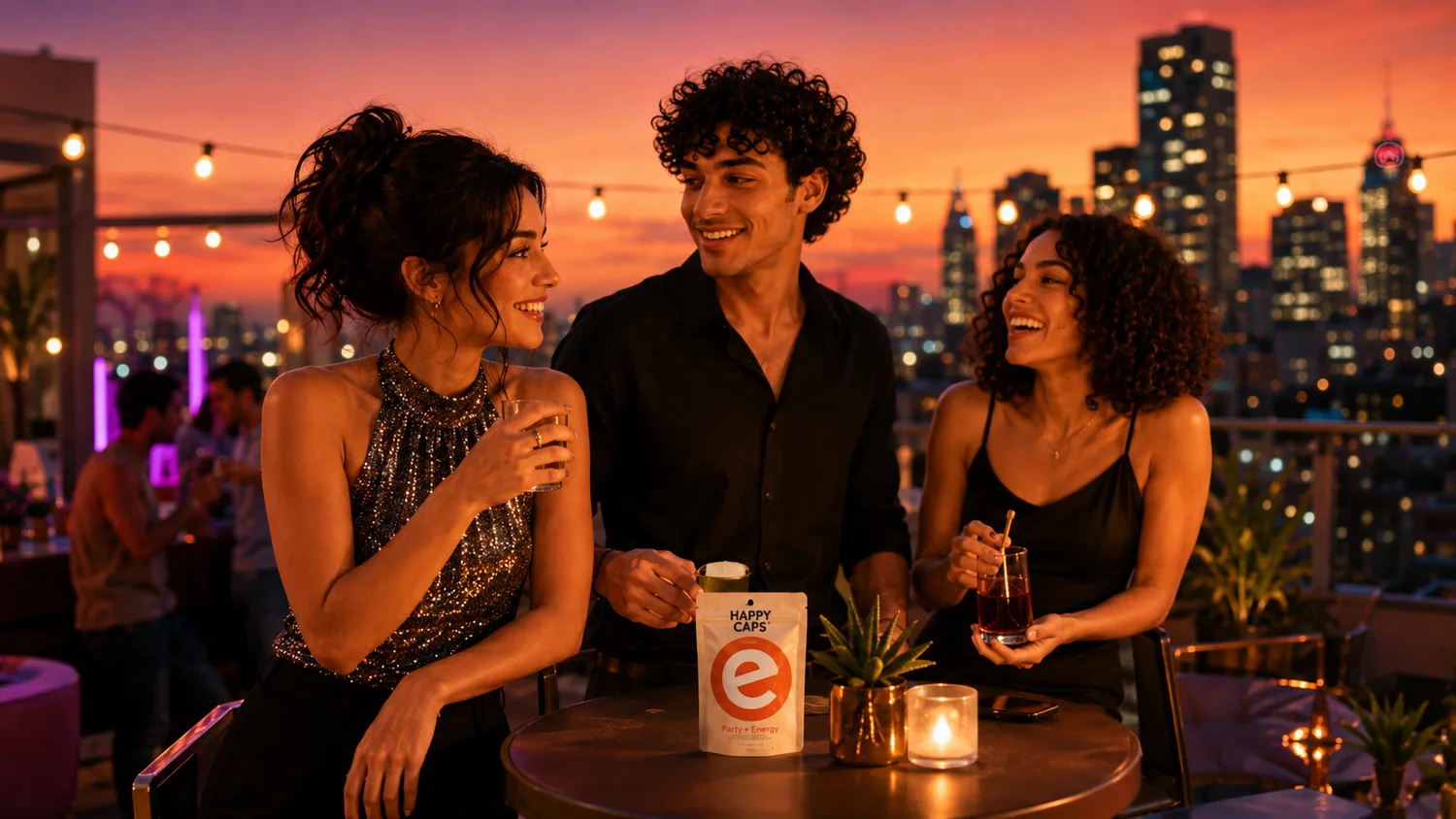 Happy Caps Party-E on a rooftop bar, ready for a social night out