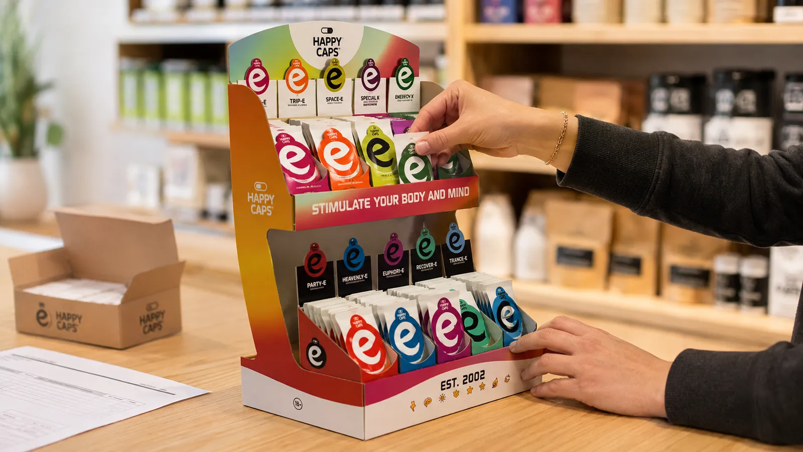 Retailer replenishing a Happy Caps display using FEFO stock rotation
