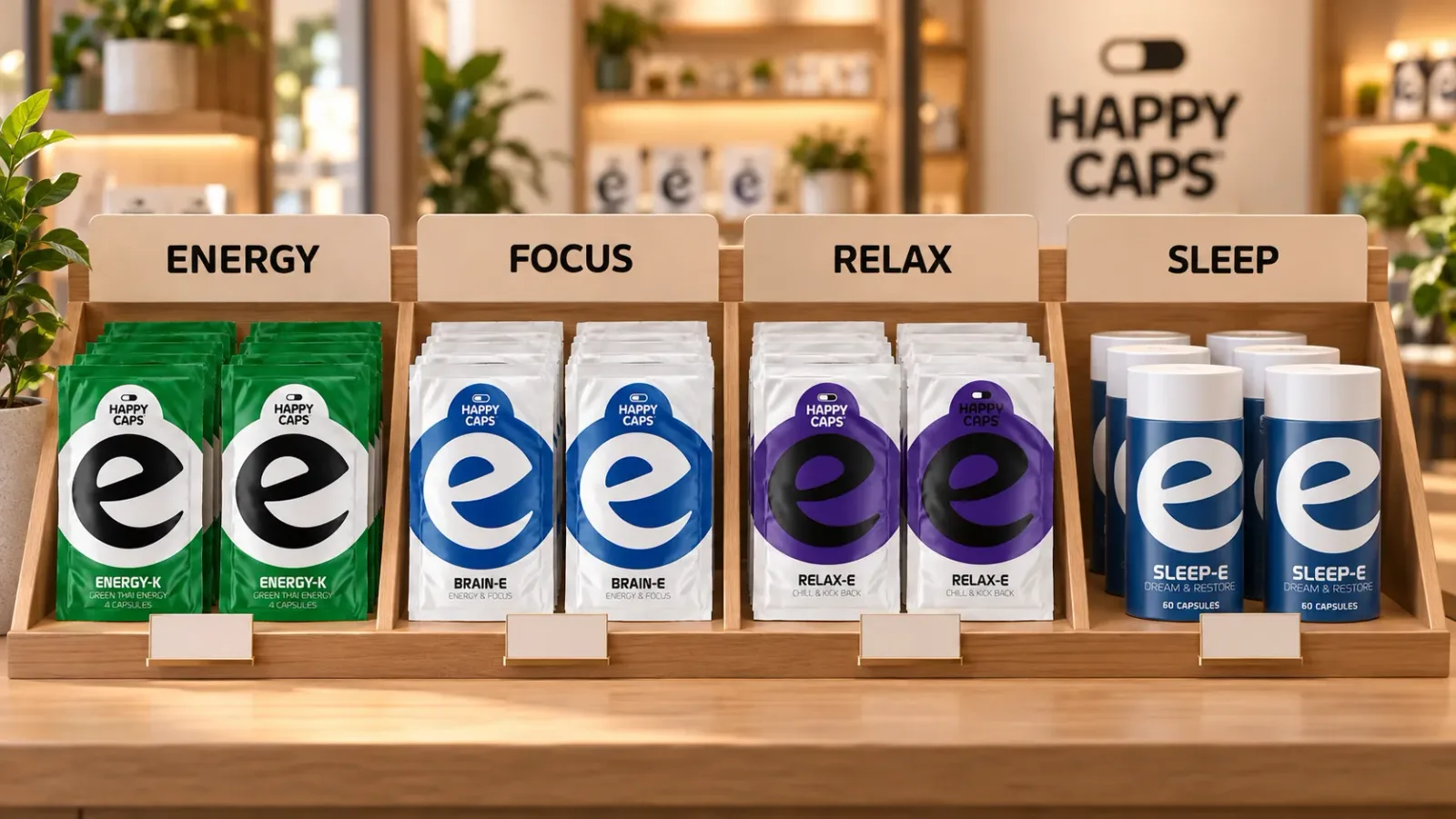 Happy Caps Thekendisplay, gegliedert in die Kategorien Energy, Focus, Relax und Sleep, mit Regalbeschilderung