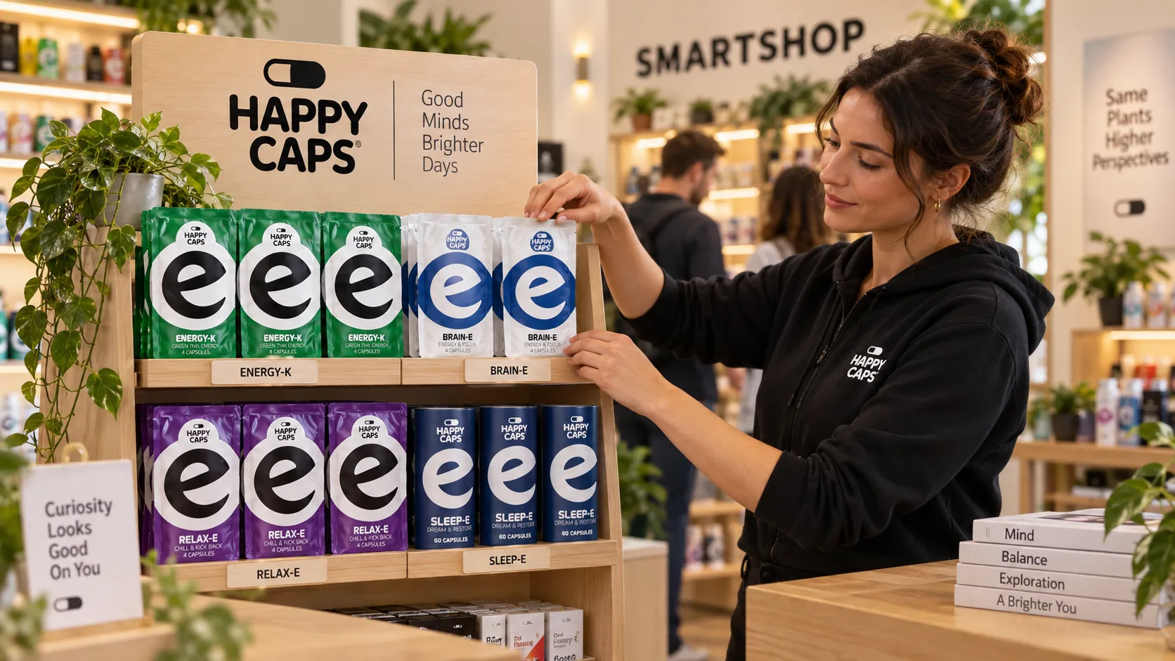 Mitarbeiterin ordnet ein Happy Caps Smartshop-Display nach Produktkategorie