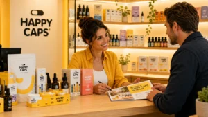 Happy Caps wholesale representative speaking with a prospective retailer at a store counter