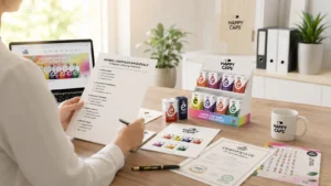Retailer reviewing a herbal capsules wholesale checklist with Happy Caps products