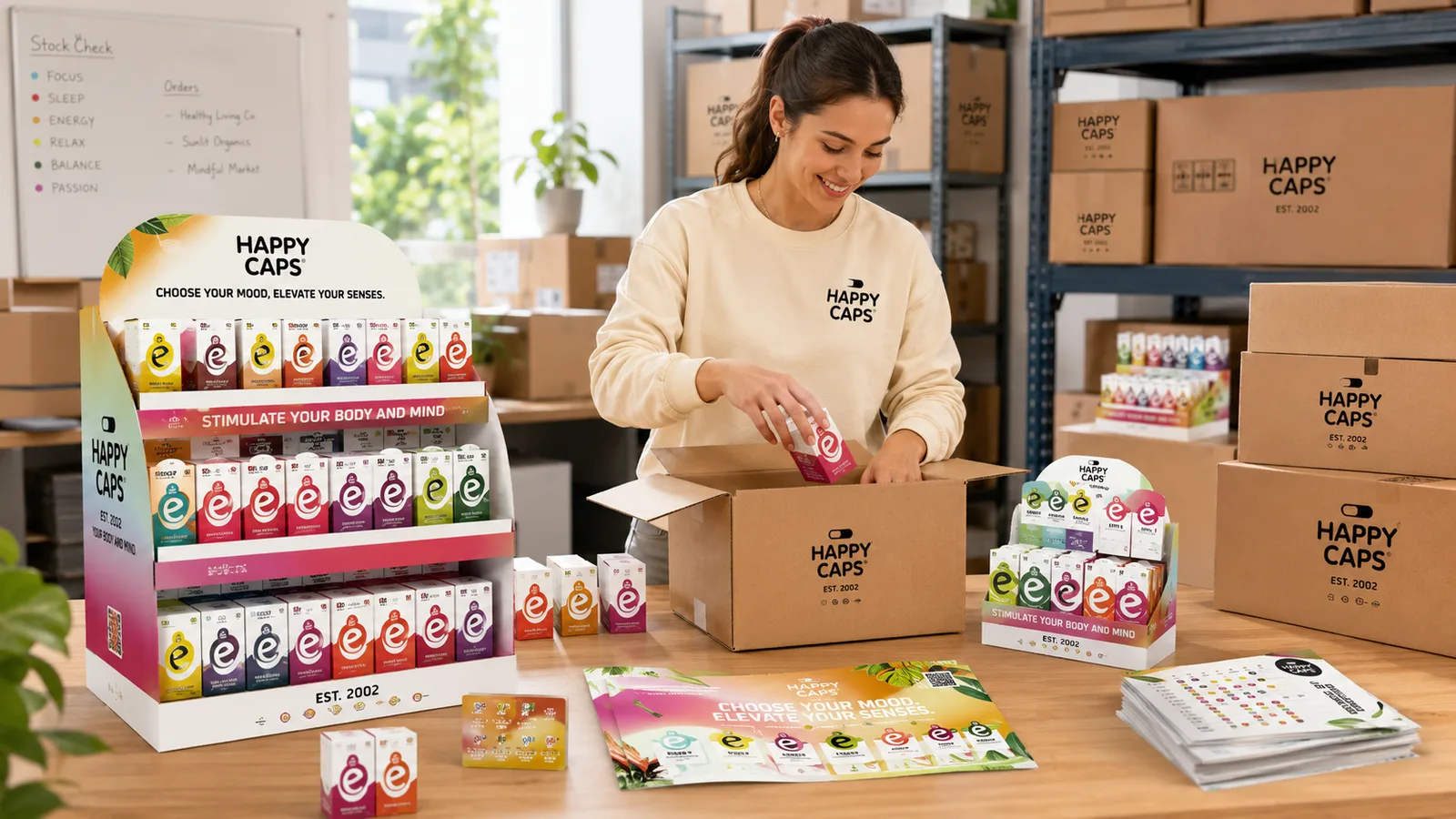 Happy Caps wholesale products, retail displays and stock being prepared for retailers
