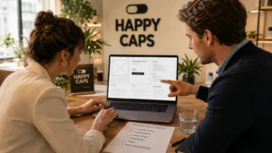 Two retail colleagues reviewing the structure of a supplement product page on a laptop, with a printed product page checklist on the desk