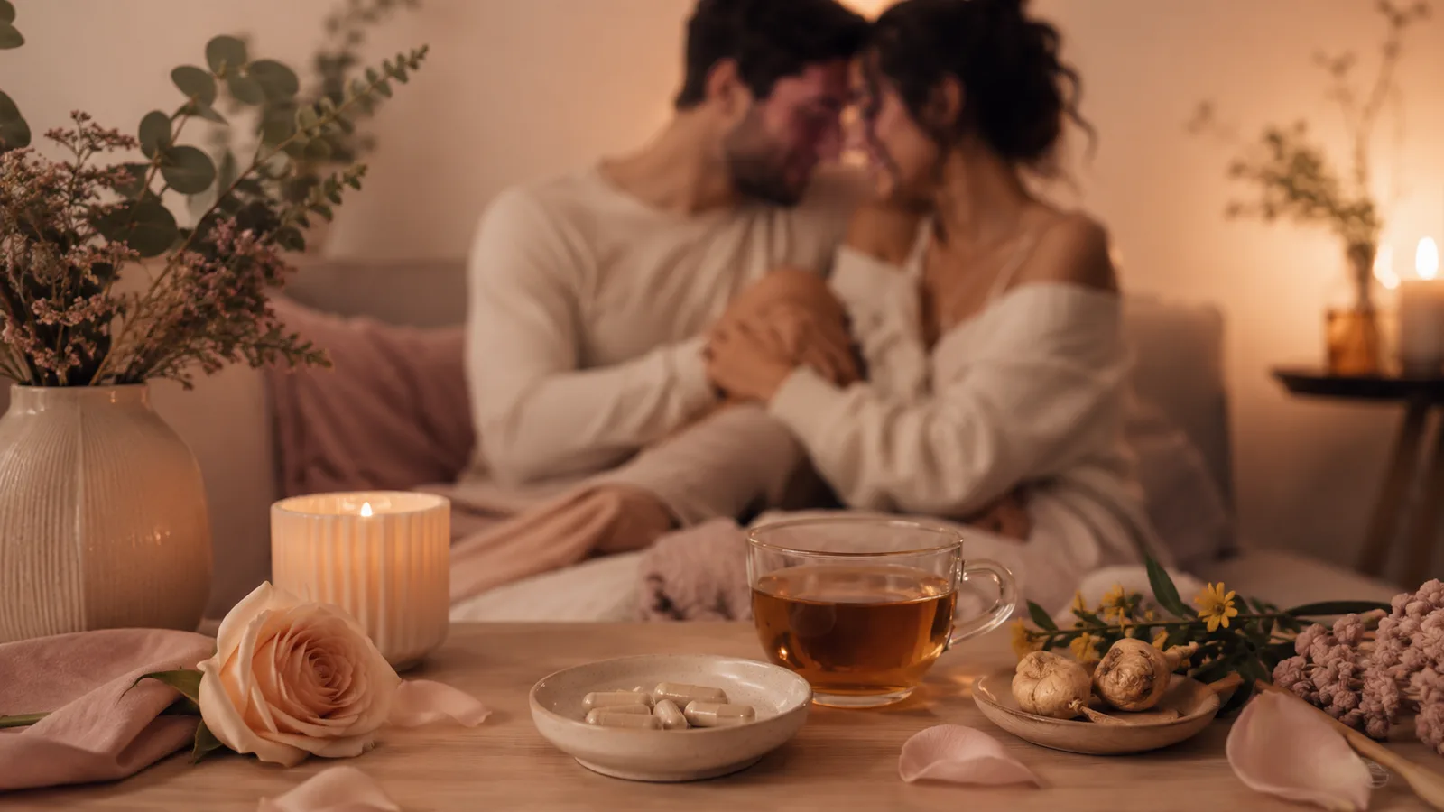 Warm romantic scene with a softly blurred couple, herbal tea, candle and natural intimacy capsules on a table