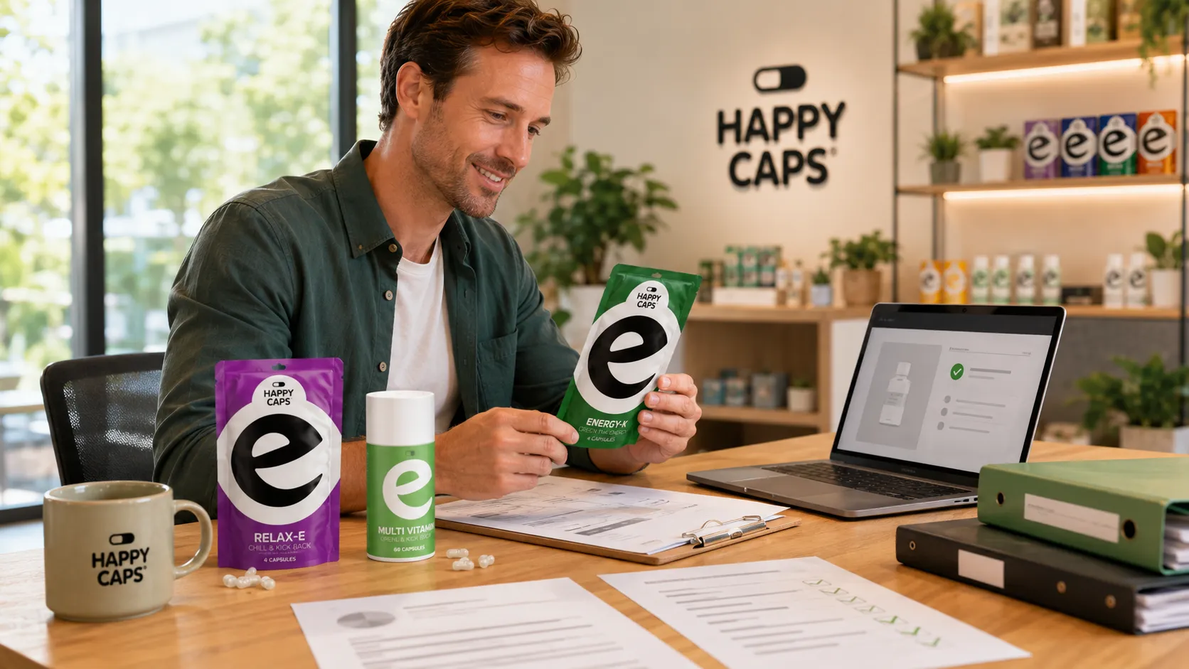 Buyer comparing a Happy Caps Energy-K pack against printed lab reports and label information at a desk