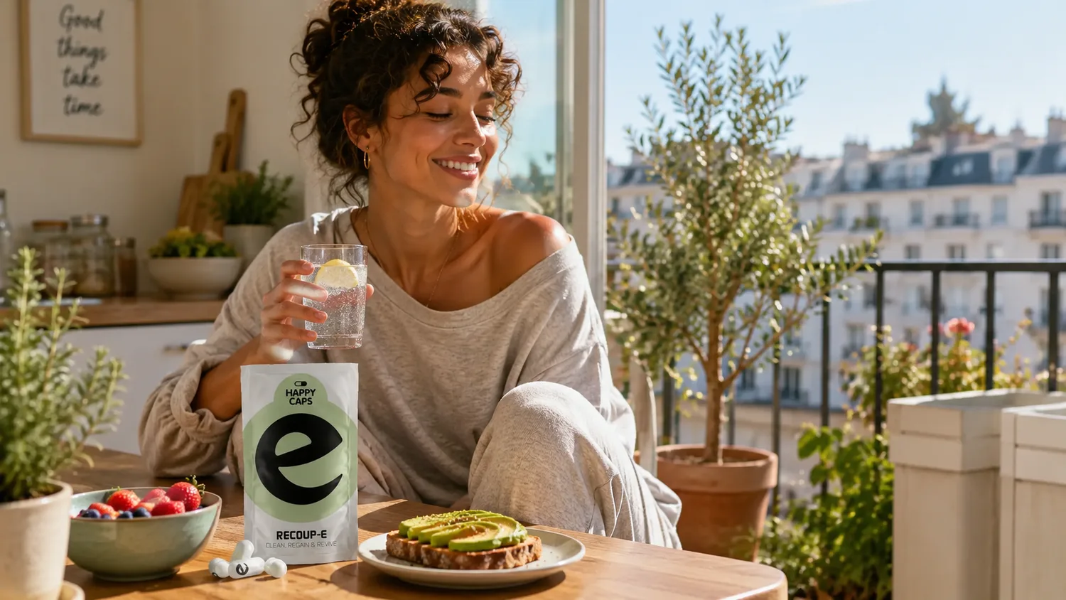 Sunny balcony breakfast with Recoup-E supporting recovery the day after a long night