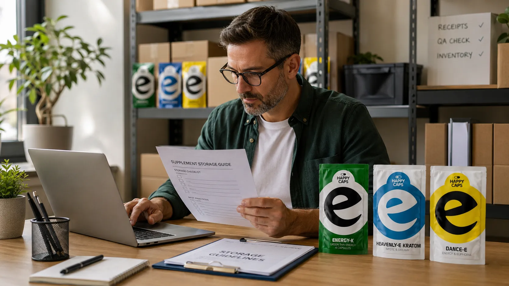 Retailer reviewing supplement storage conditions and Happy Caps product documentation at a stockroom desk