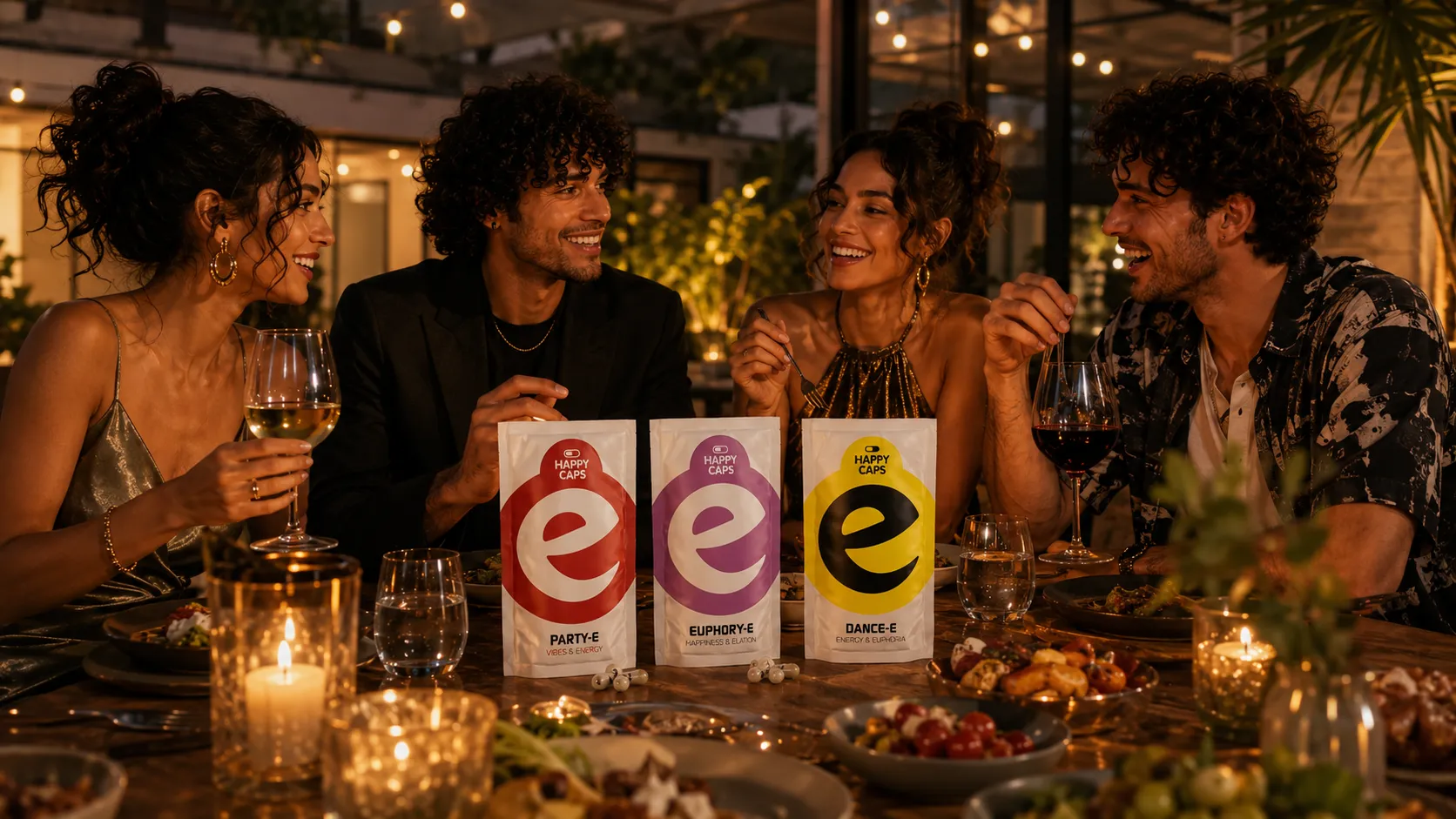 Young adults relaxed and engaged on a colorful evening out, social mood capsules lifestyle scene