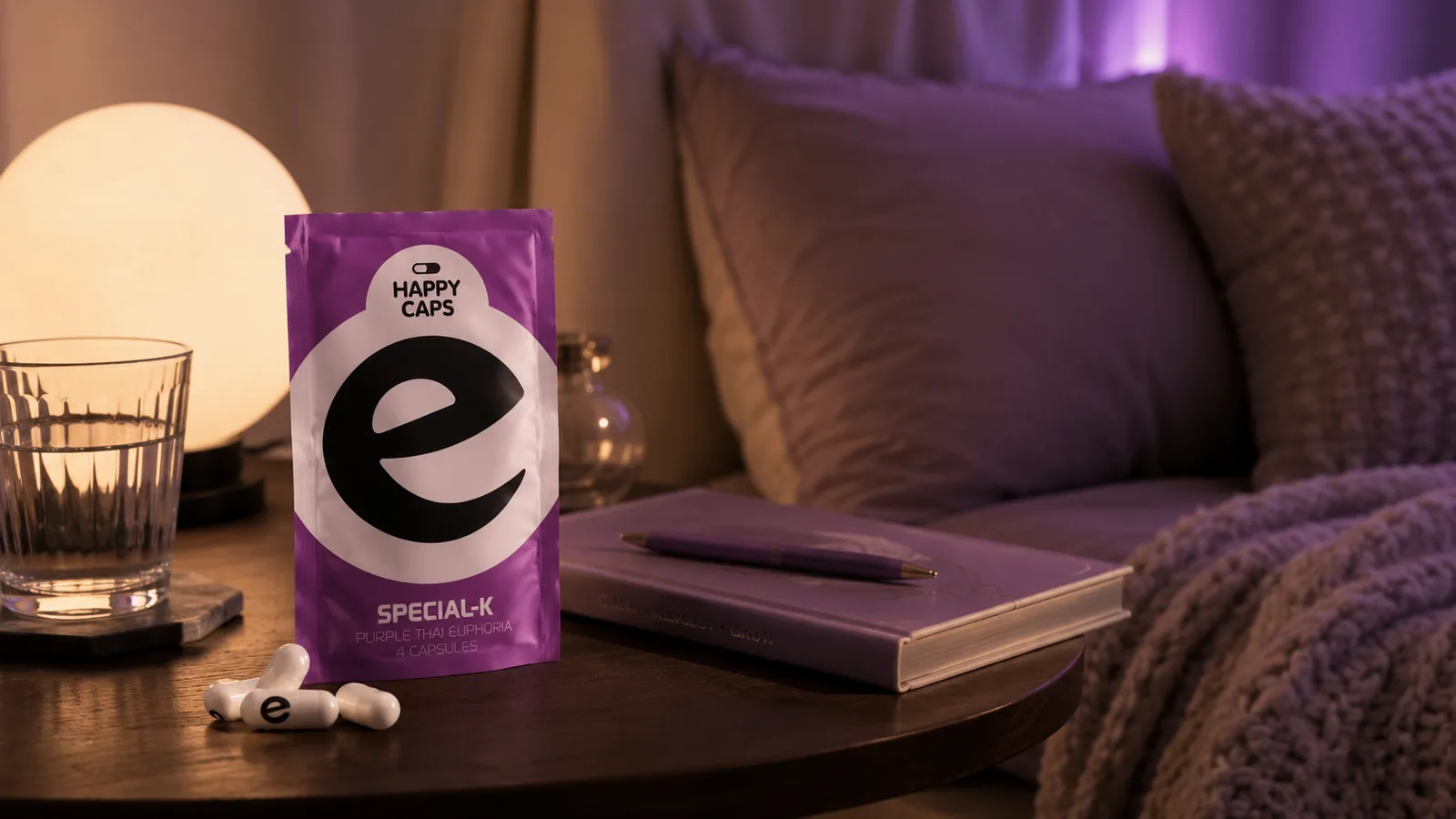 Happy Caps Special-K capsules in a calm evening bedroom setting