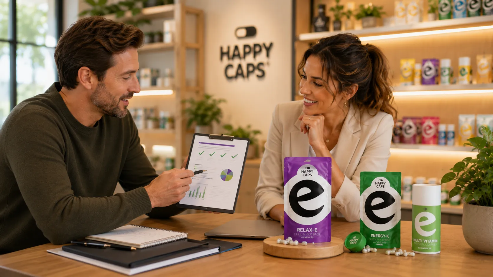 Two retail buyers going through a supplement compliance documents checklist with Happy Caps packaging on the table