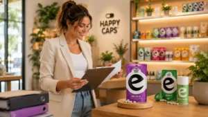 Retailer reviewing supplement documentation for retailers next to Happy Caps capsule packaging on a shop counter