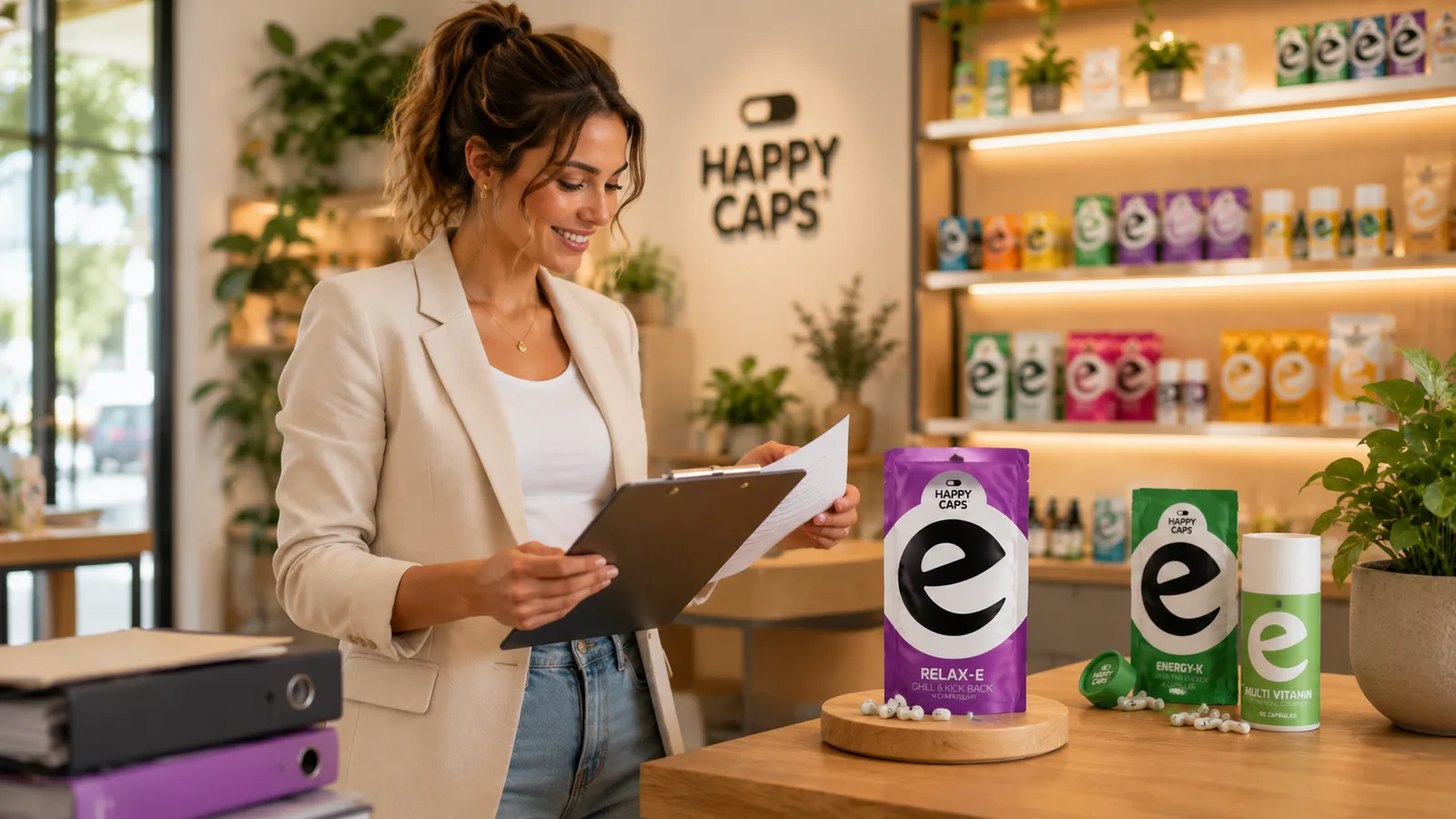Retailer reviewing supplement documentation for retailers next to Happy Caps capsule packaging on a shop counter