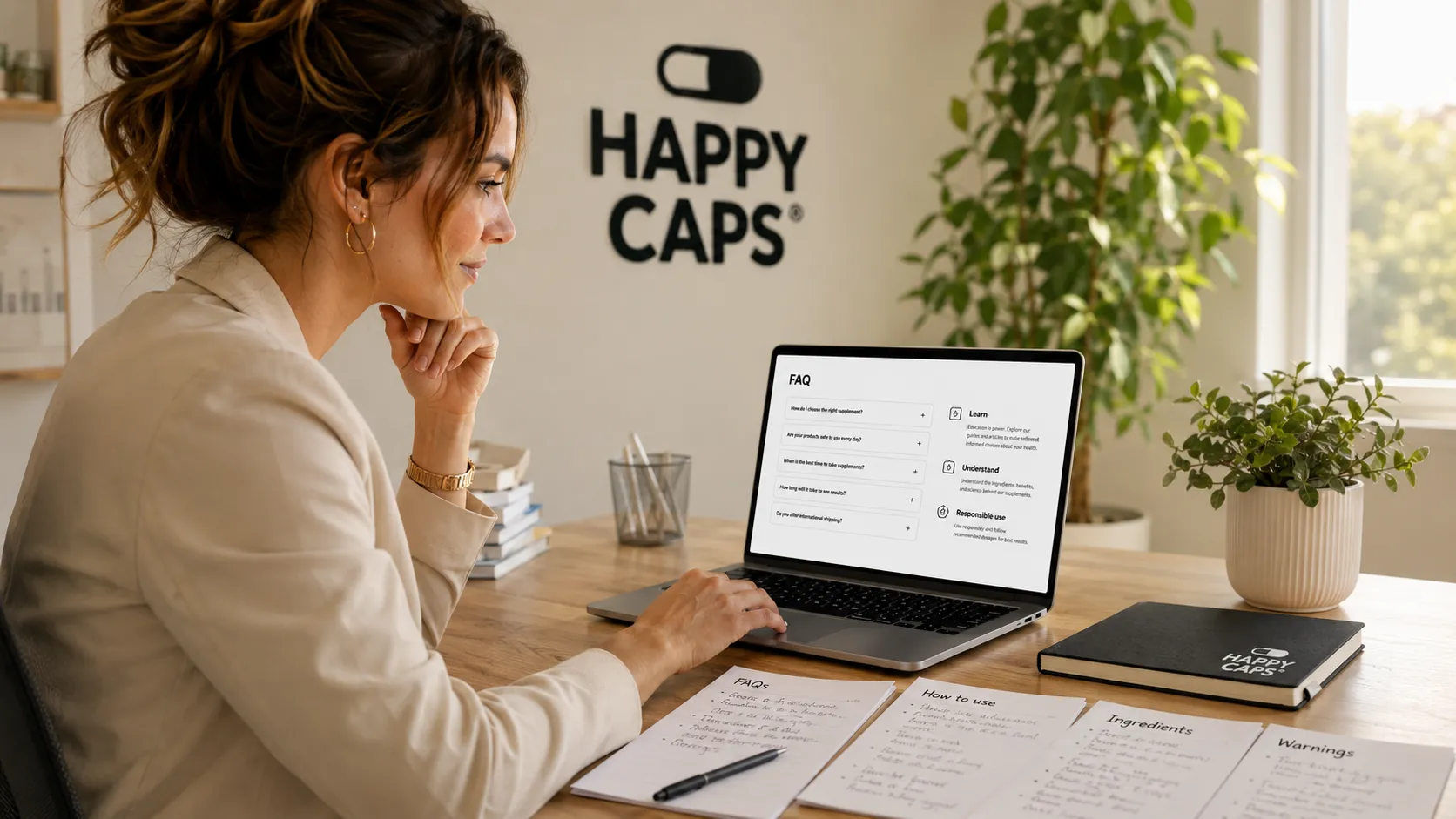 Retailer planning a supplement FAQ page on a laptop with handwritten notes for FAQs, directions, ingredients and warnings