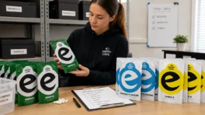 Retail staff member checking Happy Caps capsule packs against a stock inspection checklist in a stockroom