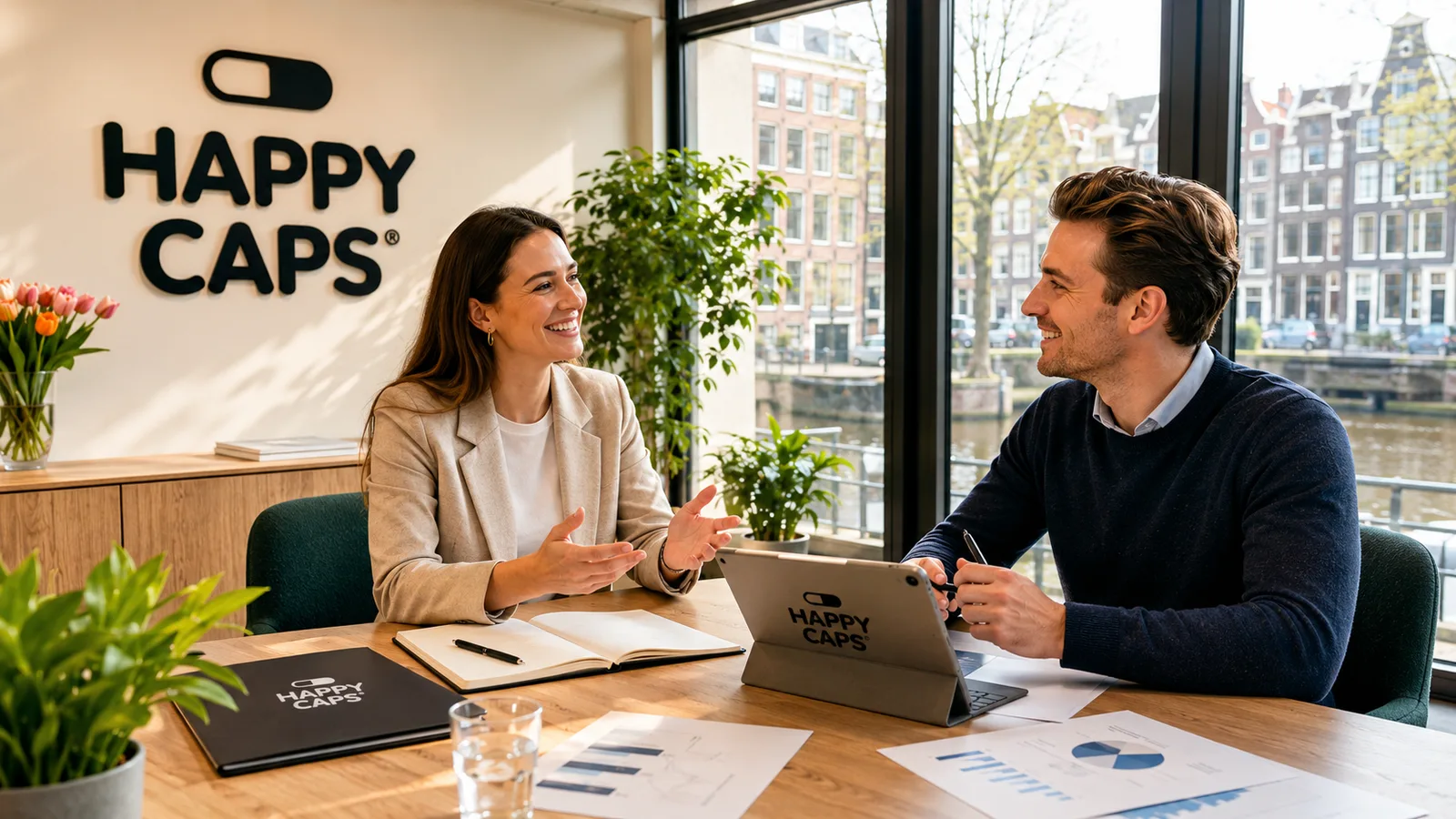 European retailer discussing supplement wholesale in the Netherlands with a Happy Caps account manager