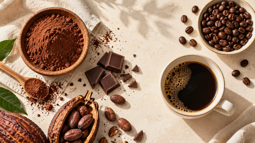 Cocoa powder, cacao pods, dark chocolate, coffee beans and a cup of black coffee, the main sources of theobromine and caffeine