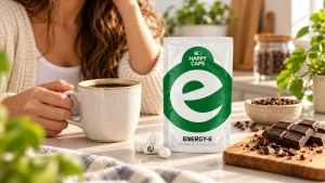 Happy Caps Energy-E pouch and capsules beside a mug of coffee and dark chocolate on a kitchen counter