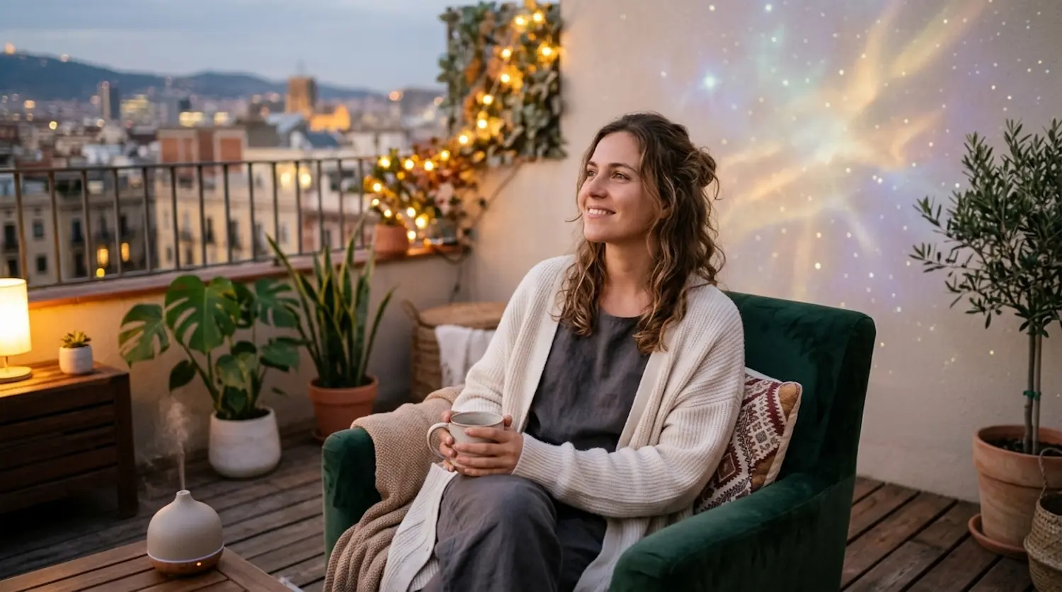What is Space-E support image with Happy Caps pouch on a cozy evening terrace